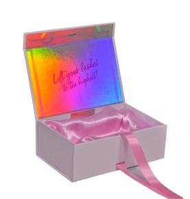 A4 Deep Pink Holographic Magnetic Flip Top Packaging Rigid Lashes Gift Box With Ribbon